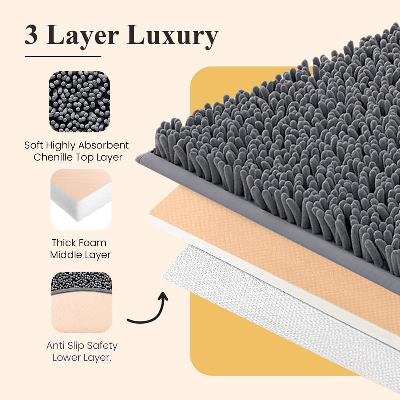 Mayshine Plush Shaggy Chenille Bath Mat | Extra Soft, Super Absorbent, Non-Slip Bathroom Rug | Fluffy Microfiber, Area Rug For B
