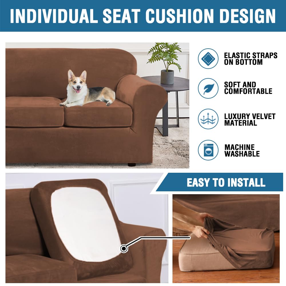 H.Versailtex Real Velvet Plush 3 Piece Stretch Sofa Covers Couch Covers For 2 Cushion Couch Loveseat Covers Width Up To 72 Inch