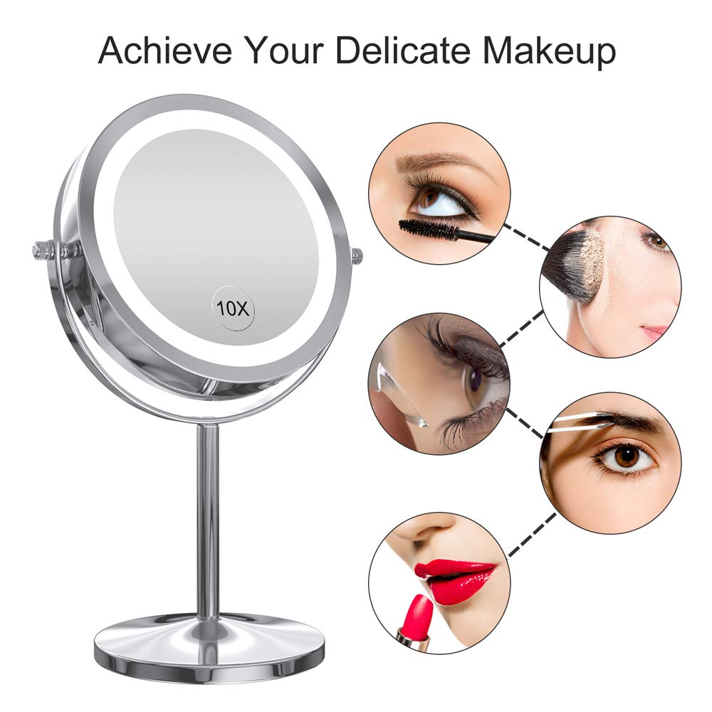 Gospire Led Makeup Mirror 1X/10X Magnifying With Touch Screen Adjustable Led Light, 7' Lighted Vanity Swivel Mirror Double Side