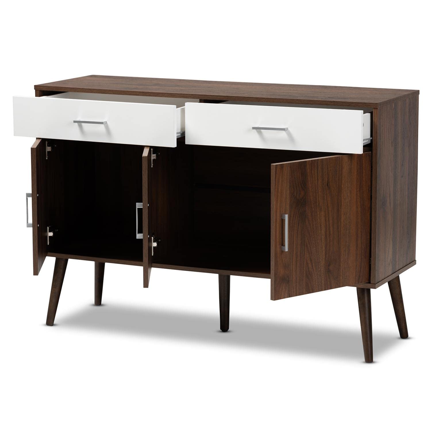Baxton Studio Leena Mid-Century Modern Two-Tone White and Walnut Brown Finished Wood 2-Drawer Sideboard Buffet