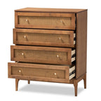 Baxton Studio Ramiel Mid-Century Modern Ash Walnut Finished Wood and Rattan 4-Drawer Chest