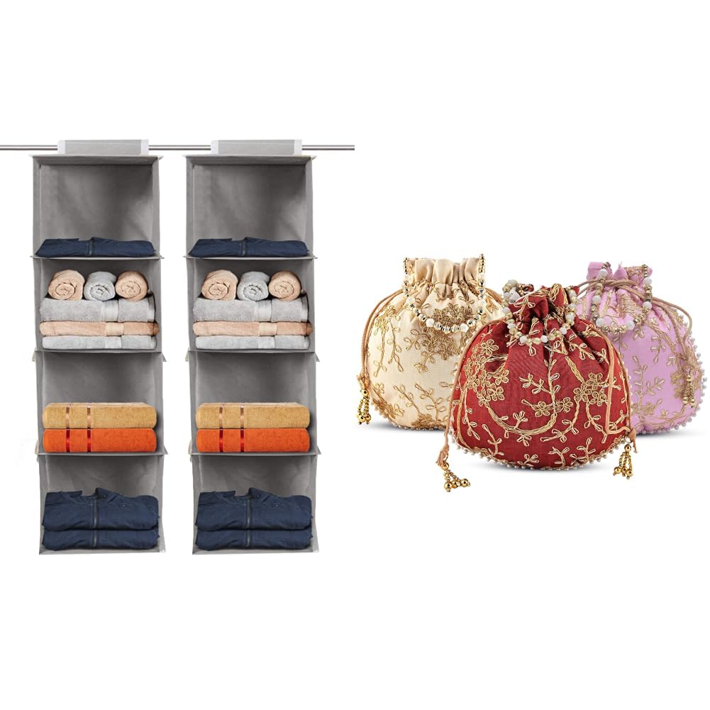 Kuber 4 Shelf Closet Hanging Organizer | Potli Bags For Ladies & Girls