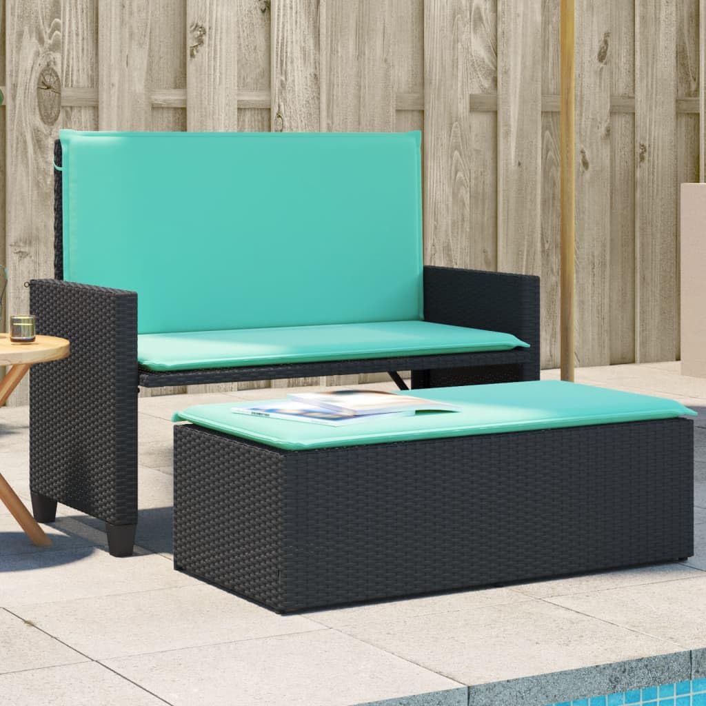 vidaXL Patio Bench with Cushions & Footstool - Poly Rattan, Black, 2-in-1 Outdoor Garden Sofa Bed, 48"x21.7"x38.2"