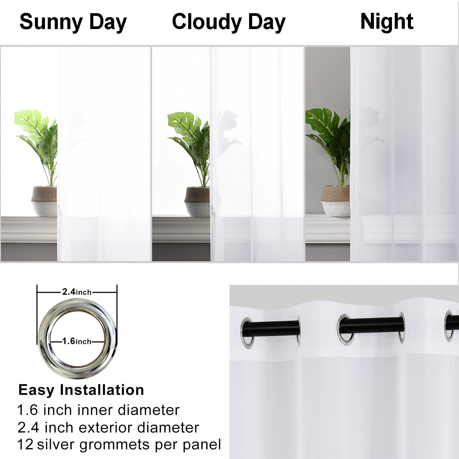 Hiasan White Sheer Curtains For Bedroom With Tiebacks, Grommet Light Filtering Extra Wide Voile Texture Window Curtains For Living Room, Kids' Room And Nursery, W70 X L84, 2 Soft Drape Panels
