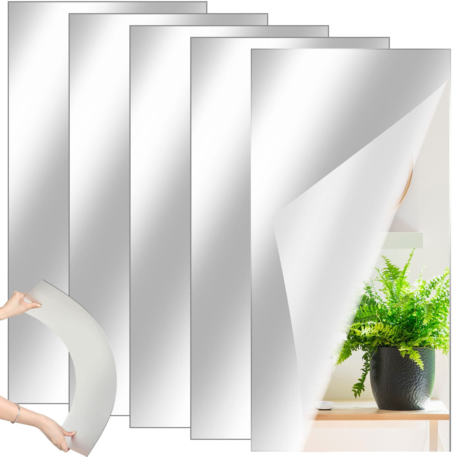 Queekay 5 Pcs Home Gym Mirrors 12 x 24 Acrylic Wall Mirror Tiles 2mm Thick Self Adhesive Mirror Sheets Frameless Wall Mounted Mi