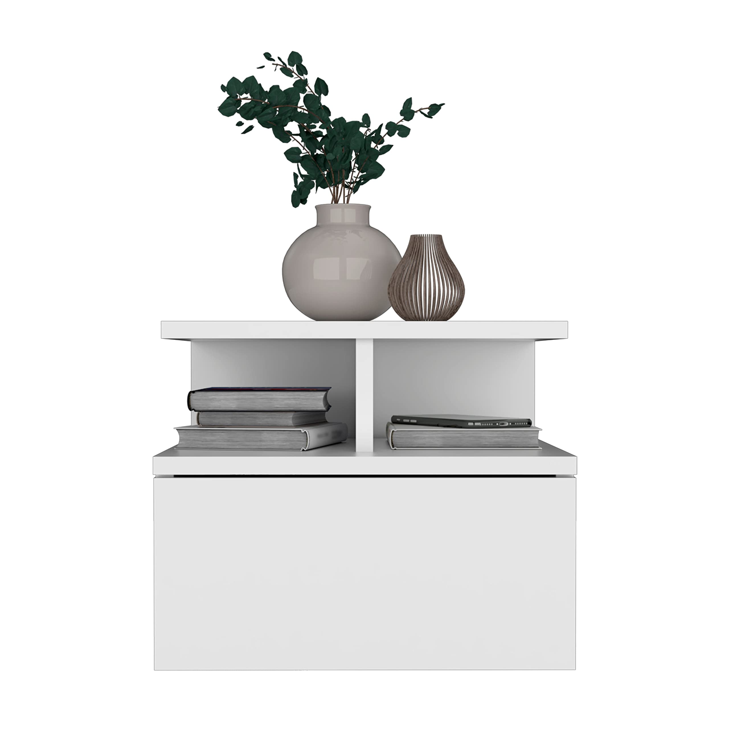 Depot E-Shop Seward Floating Nightstand, Wall Mounted With Single Drawer And 2-Tier Shelf, 12&Quot; H, White, Bedroom