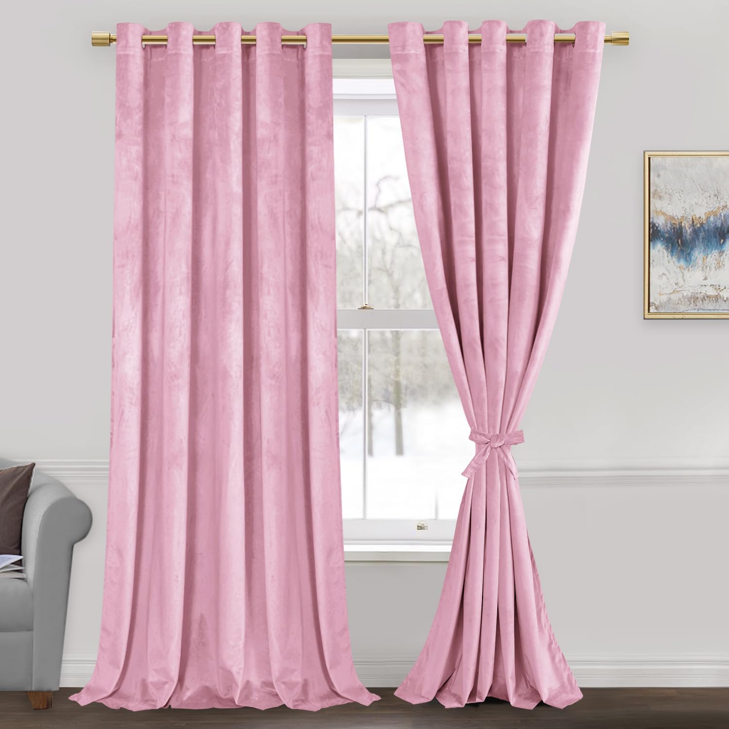 Jiuzhen Pink Velvet Curtains 96 Inches Blackout Curtains For Living Room - Privacy Protect Room Darkening Grommet Thick Velvet W