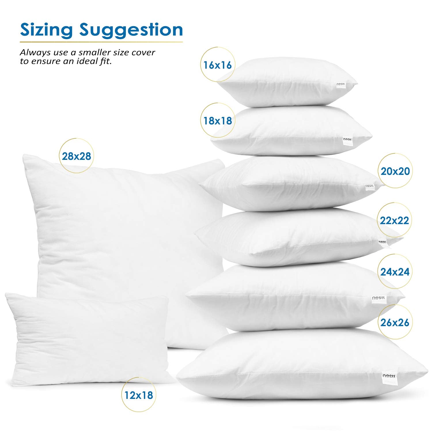 Nestl 16X16 Pillow Inserts - Throw Pillow Insert 16X16, 2 Pack Square Pillows, Decorative 16X16 Pillows Throw White, 16 X 16 Pillow Insert, Lumbar Pillow Insert For Bed And Couch