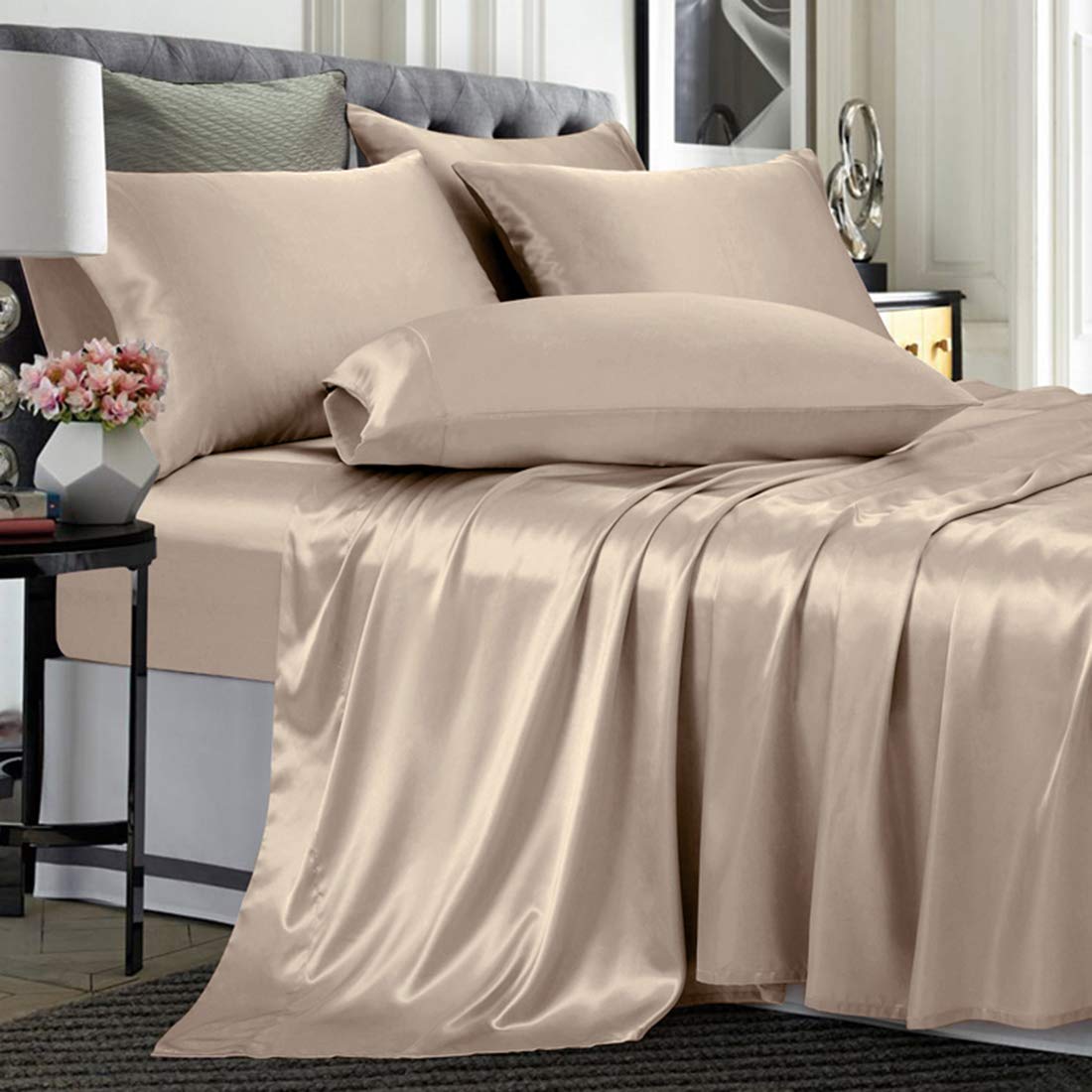 Treely 6 Piece Satin Sheets California King Size Silky Smooth Taupe Sheet Set With Deep Pocket, Fitted Sheet, Flat Sheet, 4 Pill