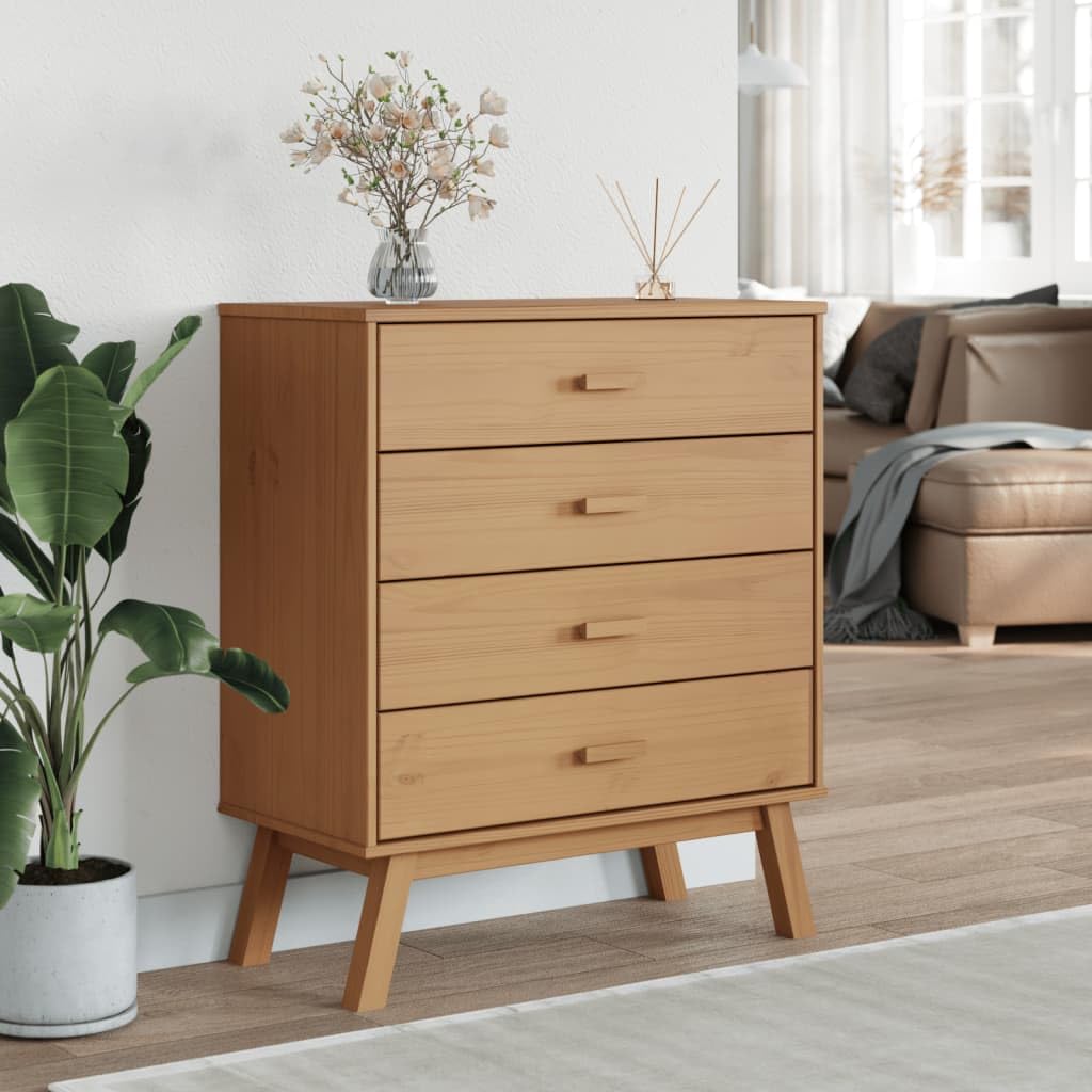 vidaXL Olden Drawer Cabinet - Solid Pinewood Brown Storage Sideboard with 4 Drawers and Wood Feet for Hallway/Living Room/Bedroom, 30.1x15.4x35.4 inches