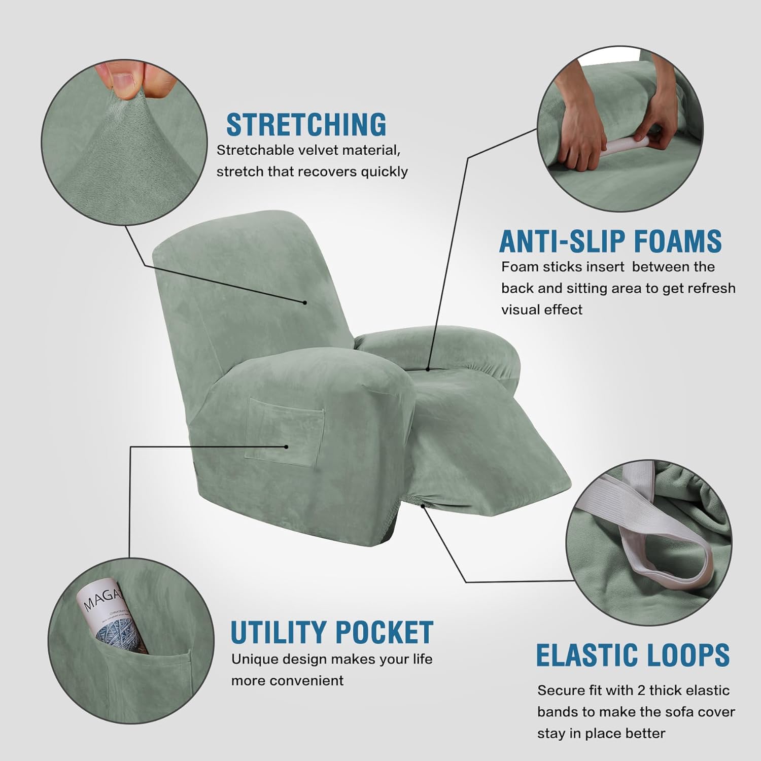 H.Versailtex Recliner Chair Cover Velvet Plush 1-Piece For Large Recliner, Soft Thick Luxury Furniture Protector With Elastic Bo