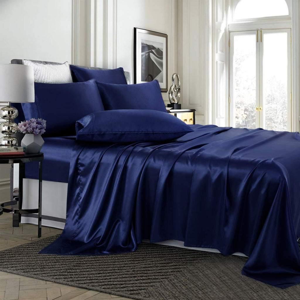 Treely 6 Piece Satin Sheets Queen Size Silky Smooth Navy Blue Satin Sheet Set With Deep Pocket, Satin Fitted Sheet, Flat Sheet,