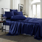 Treely 6 Piece Satin Sheets Queen Size Silky Smooth Navy Blue Satin Sheet Set With Deep Pocket, Satin Fitted Sheet, Flat Sheet,