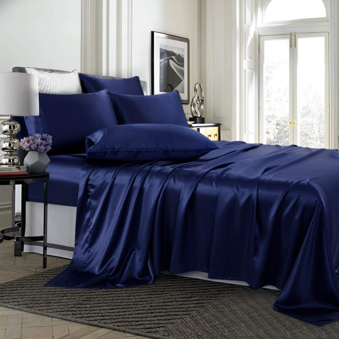 Treely 6 Piece Satin Sheets Queen Size Silky Smooth Navy Blue Satin Sheet Set With Deep Pocket, Satin Fitted Sheet, Flat Sheet,