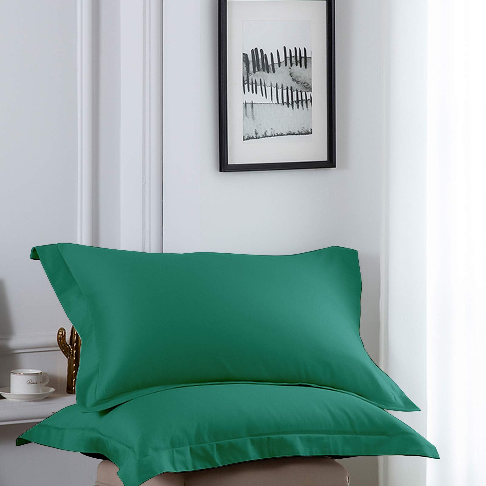 Ntbay 2 Pack 500 Thread Count 100% Egyptian Cotton Queen Pillow Shams, Super Soft And Breathable Oxford Pillowcases For Bed, 20X30 Inches, Dark Green