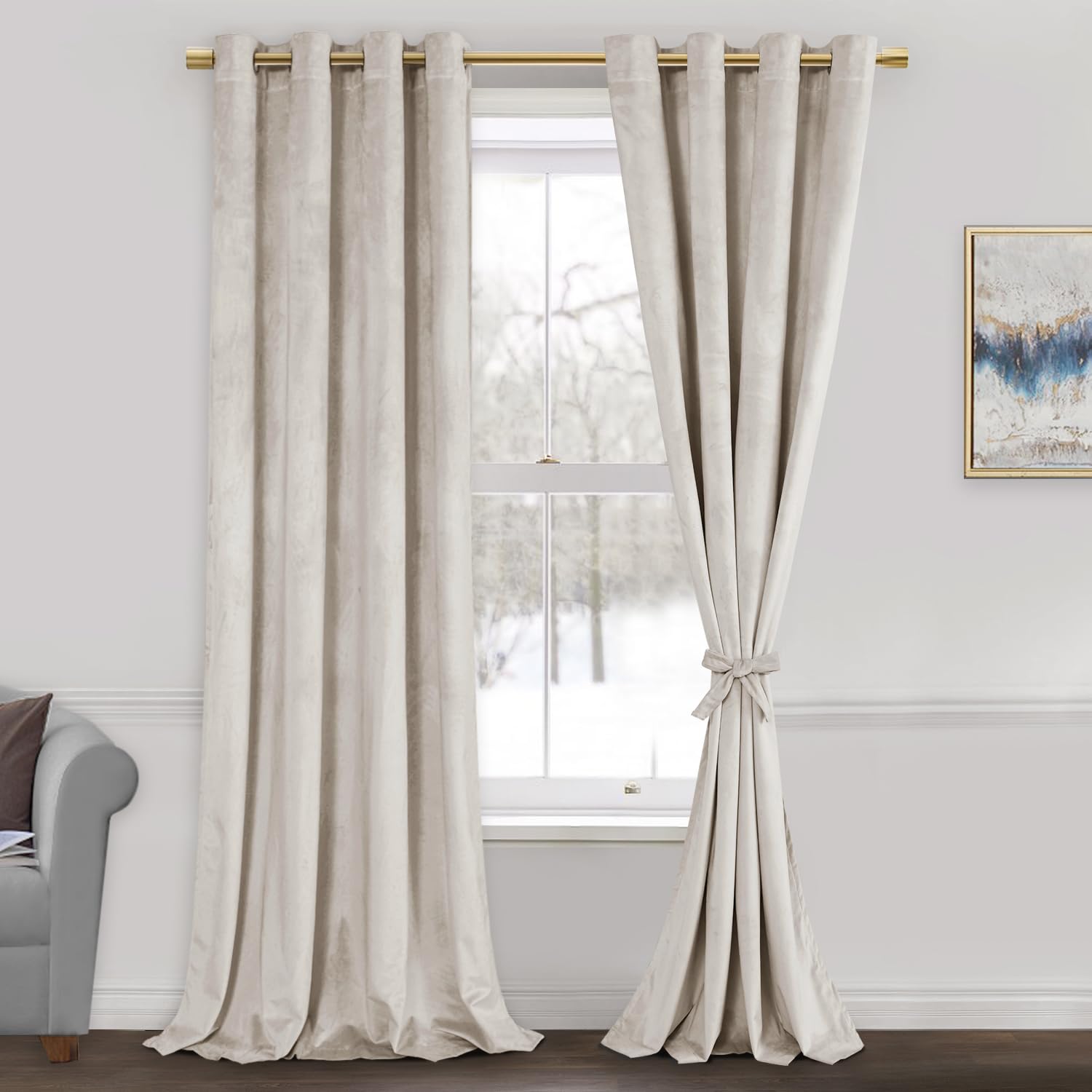 Jiuzhen Cream Velvet Curtains 84 Inches Blackout Curtains For Living Room - Thermal Insualted Room Darkening Grommet Thick Velve