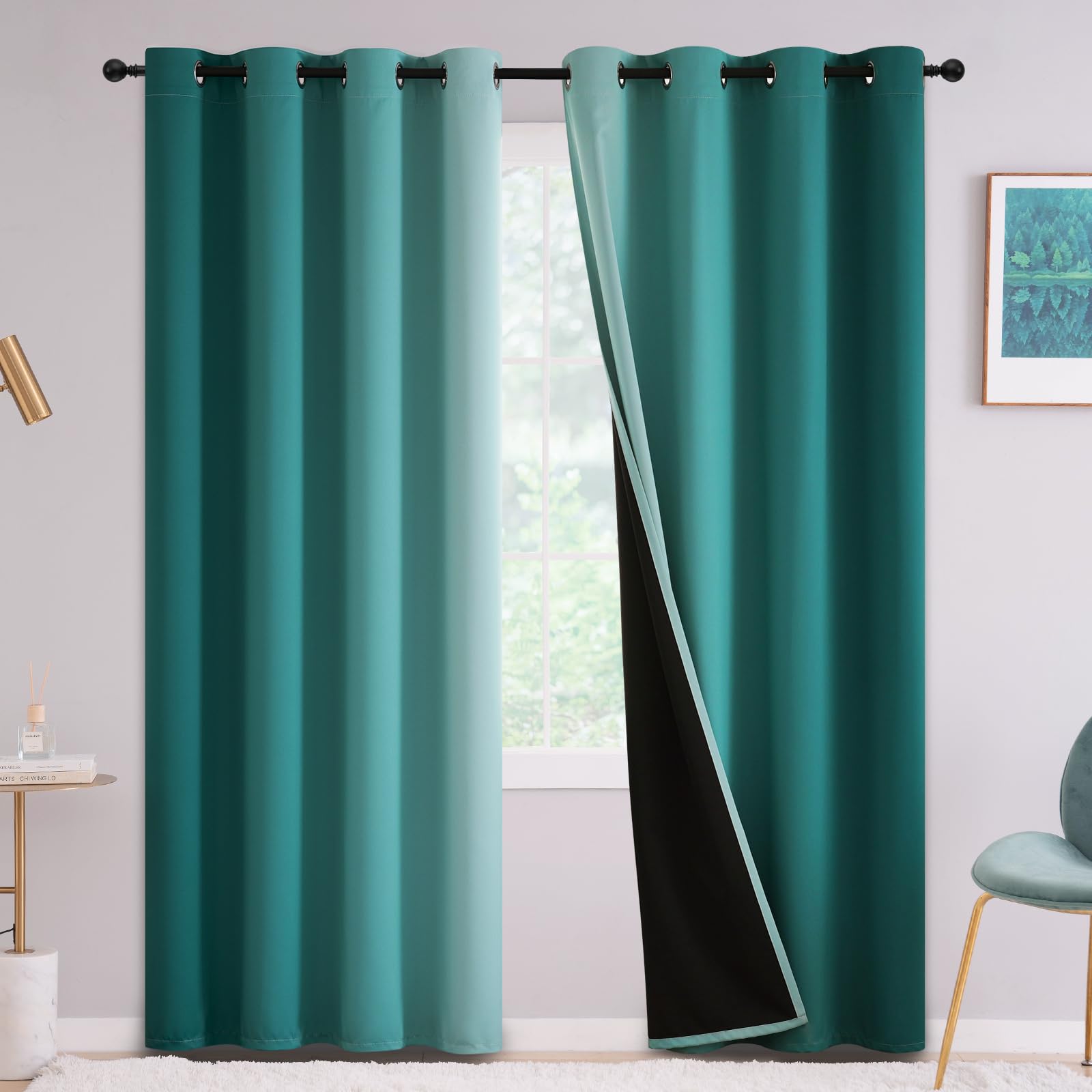 Yakamok Teal 100% Blackout Curtains for Bedroom,Ombre Room Darkening Curtains for Living Room Grommet Window Curtains 90 inches 
