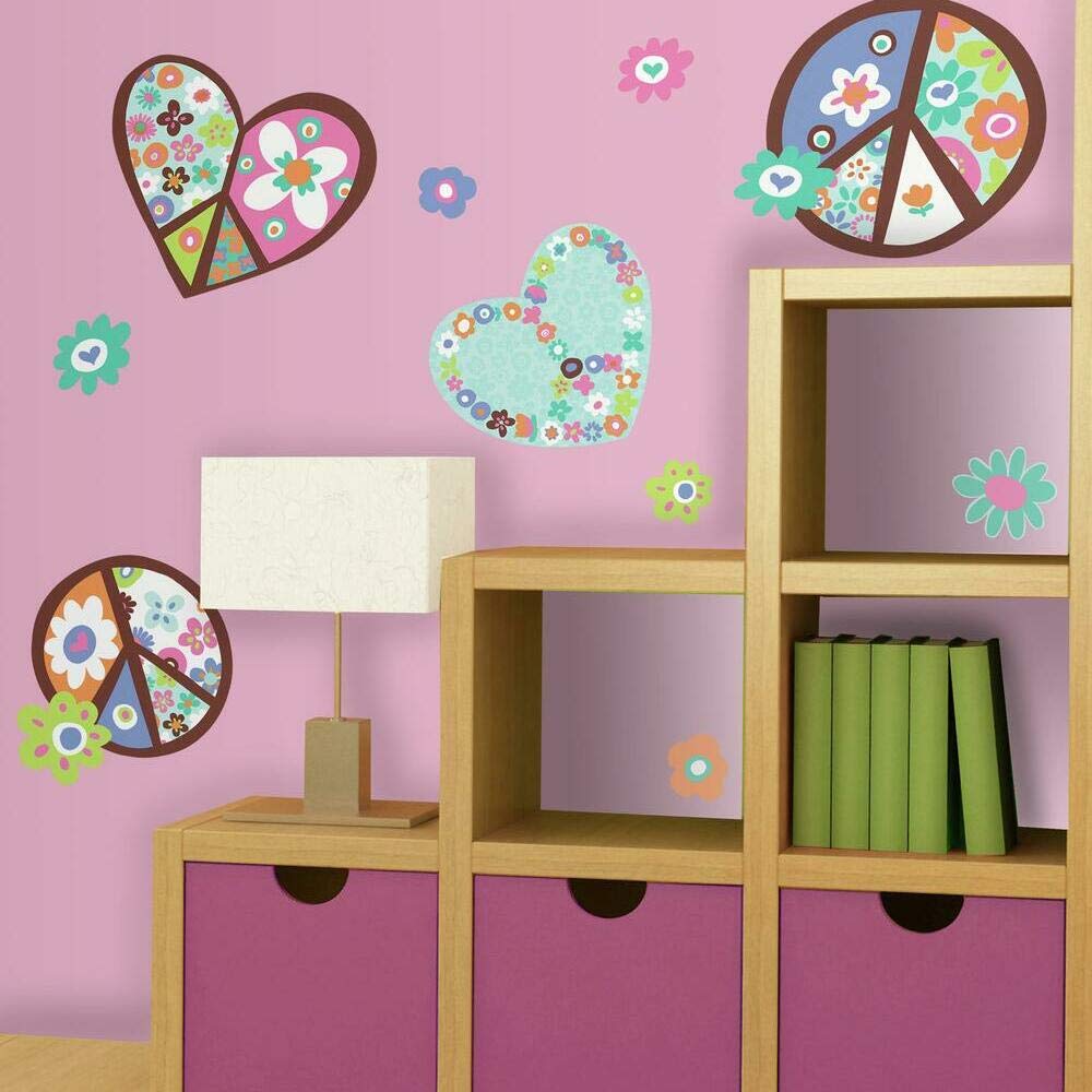 RoomMates RMK1621GM Heart and Flower Peace Sign Peel and Stick Giant Wall Decal