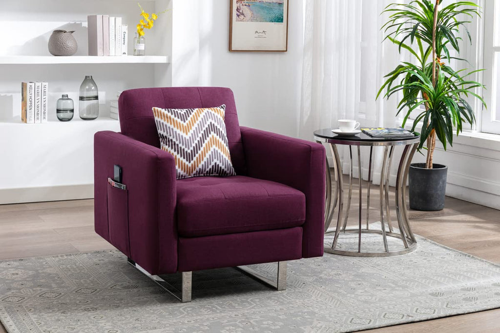 Lilola Home Victoria Purple Linen Fabric Armchair with Metal Legs, Side Pockets, and Pillow