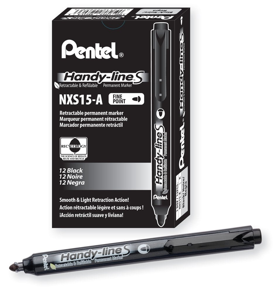 Pentel Handy-Line S Retractable And Refillable Permanent Marker, Bullet Tip, Black Barrel, Black Ink, Box Of 12 (Nxs15-A)