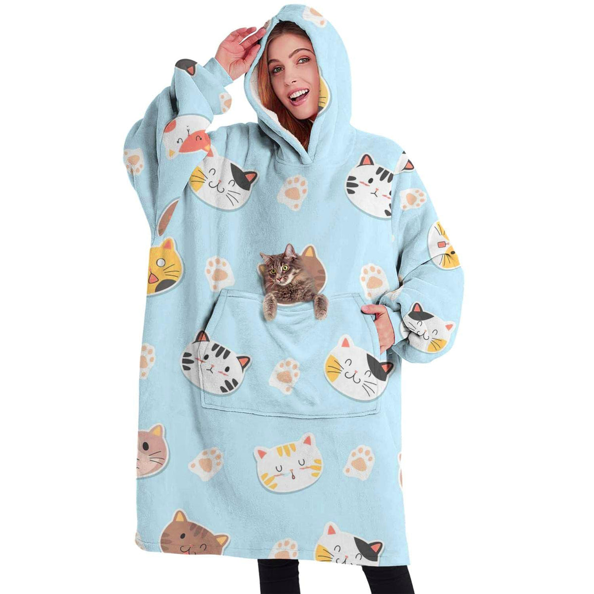 Touchbetter Bule Cute Cat Wearable Oversized Blanket, Sherpa Blanket Hooded With Super Pockets, Super Warm Fuzzy Pullover For Ad