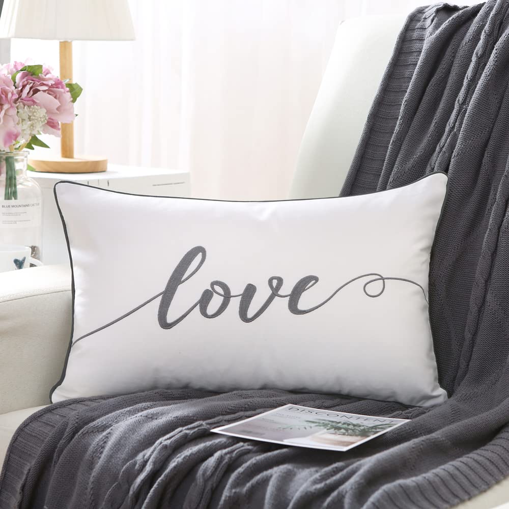 Sanmetex Decorative Throw Pillow Covers 12X20 Inches, Embroidery Love Soft Cotton Lumbar Pillow Case, Gray Rectangular Cushion C