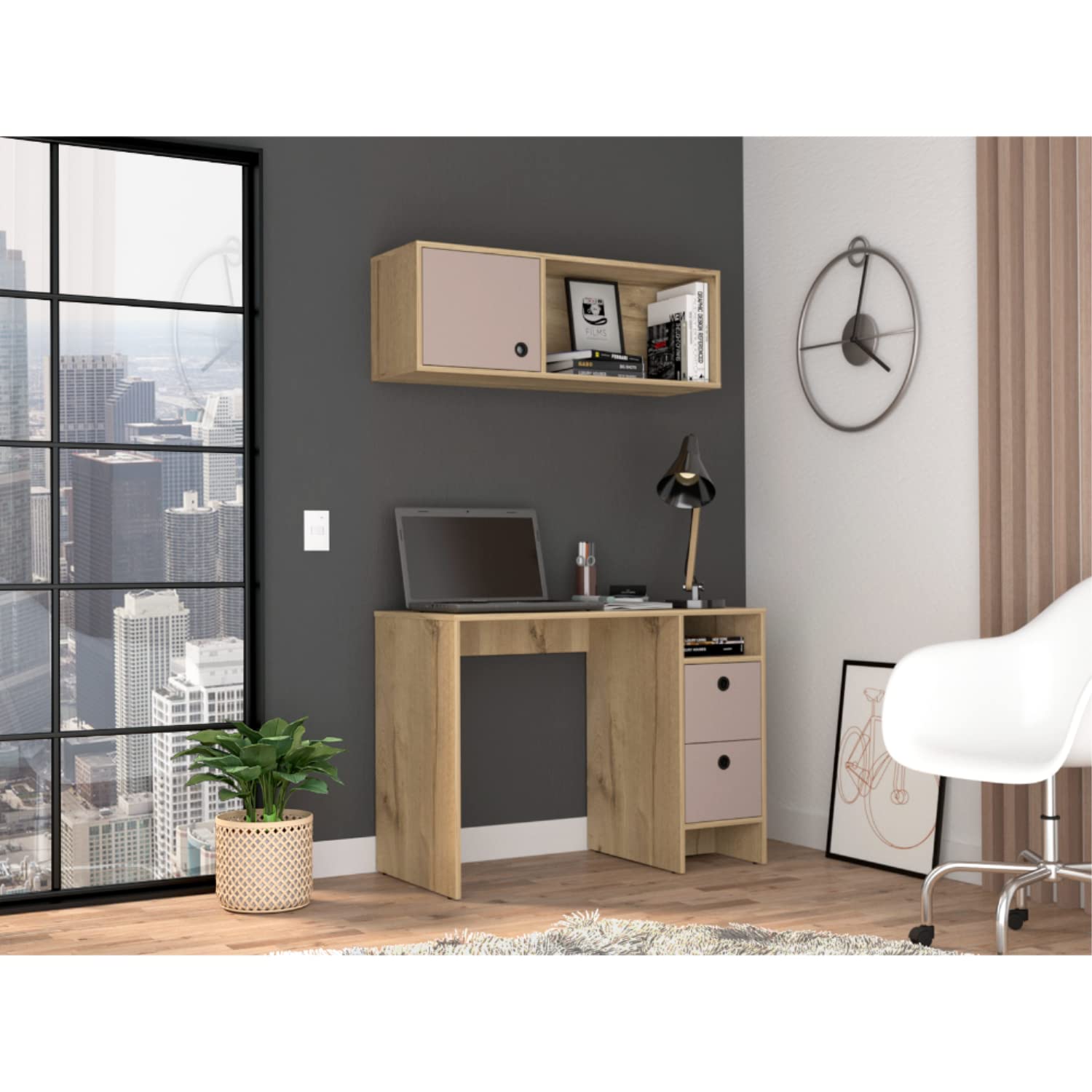 Aramis Office Set with 2 Shelves, 2 Drawers, Wall Cabinet, Single Door Cabinet, and Metal Hardware, Light Oak/ Taupe