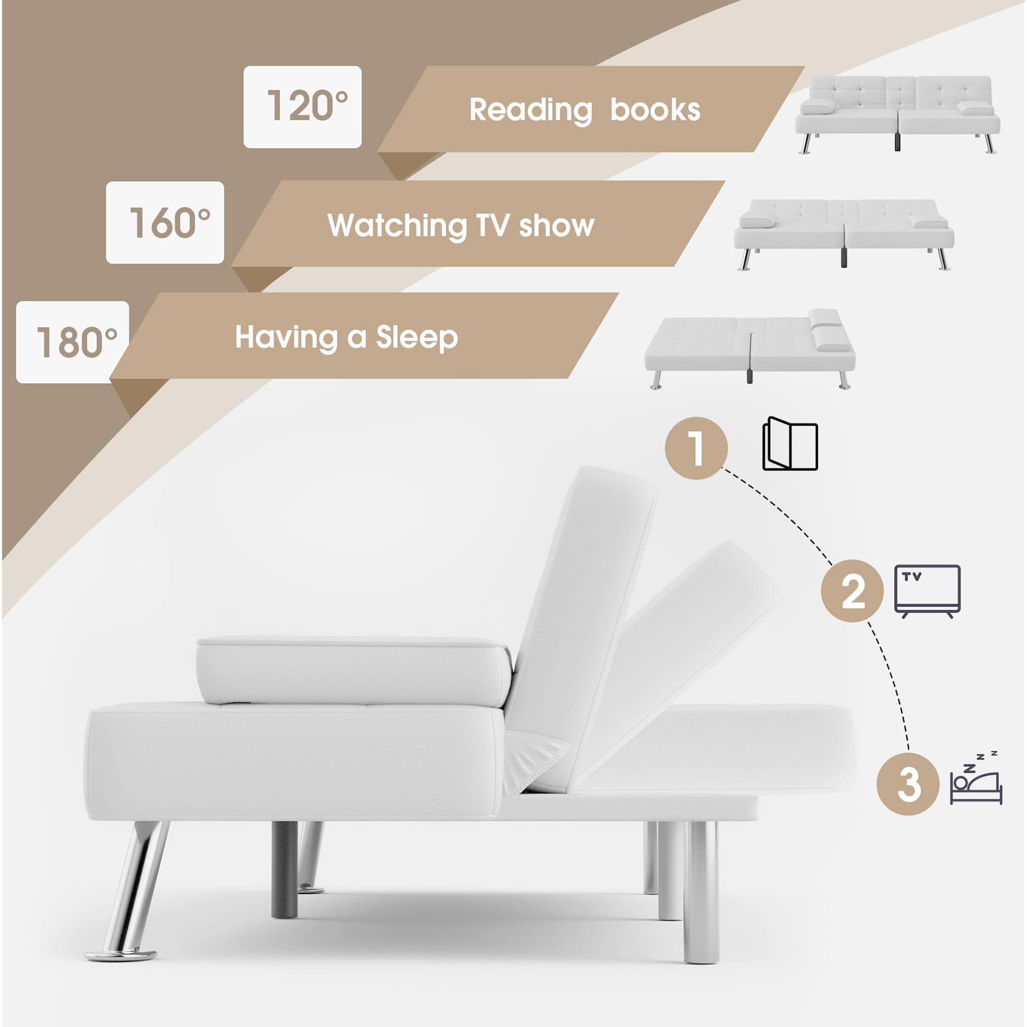 Flamaker Futon Sofa Bed Modern Folding Futon Set Pu Leather Convertible Recliner Lounge For Living Room With 2 Cup Holders, Removable Armrests (Pu Leather, White)