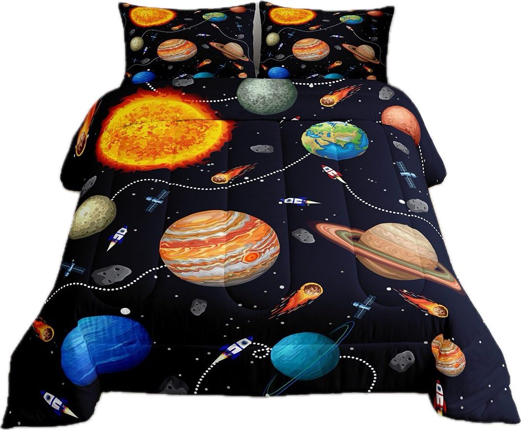 Erosebridal Planets Bedding Set For Boys,Solar System Comforter Set Twin Size For Kids,Outer Space Theme Down Comforter Warm,Roc