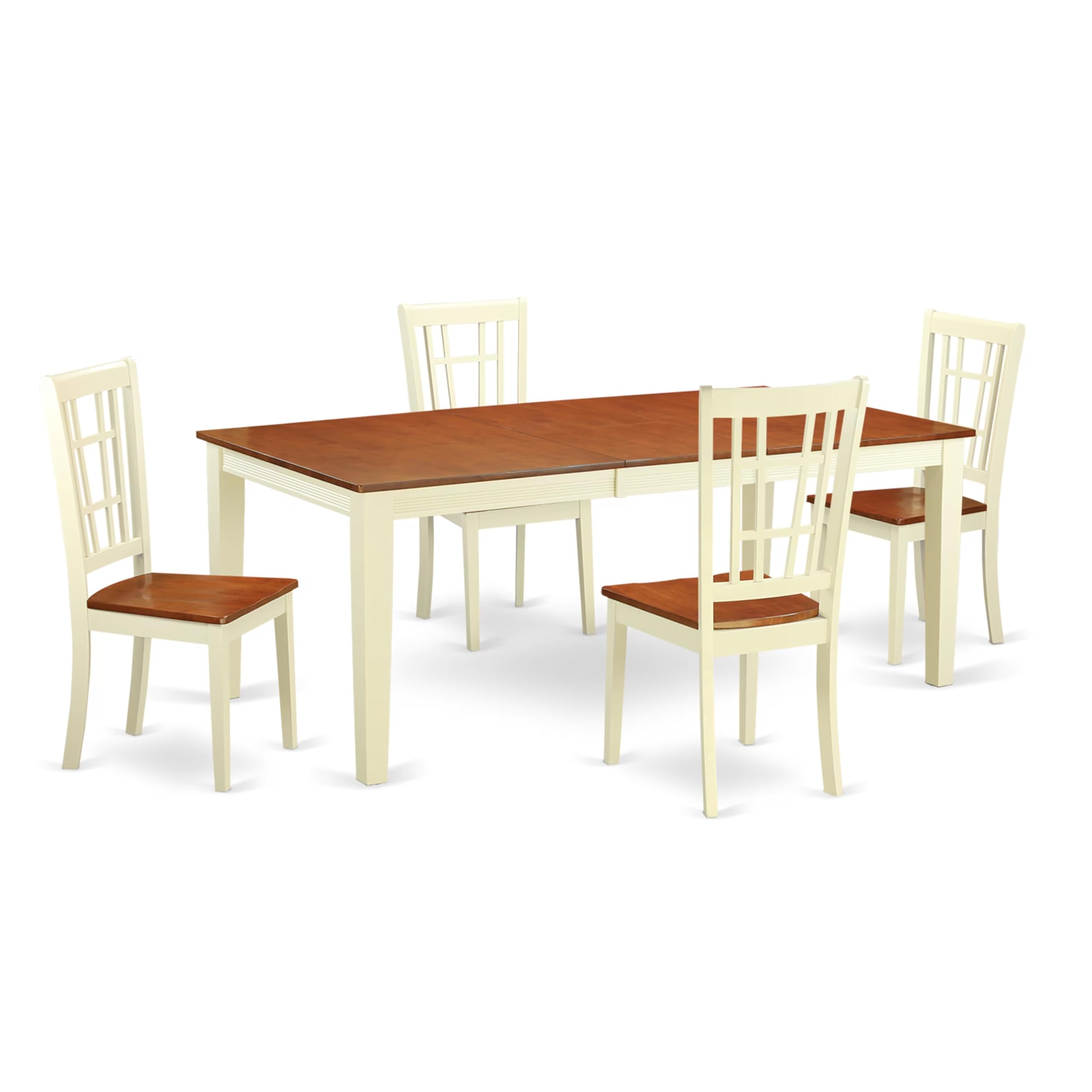East West Furniture QUNI5-WHI-W 5 Piece Dining Room Table Set Includes a Rectangle Kitchen Table with Butterfly Leaf and 4 Dining Chairs, 40x78 Inch, Buttermilk & Cherry
