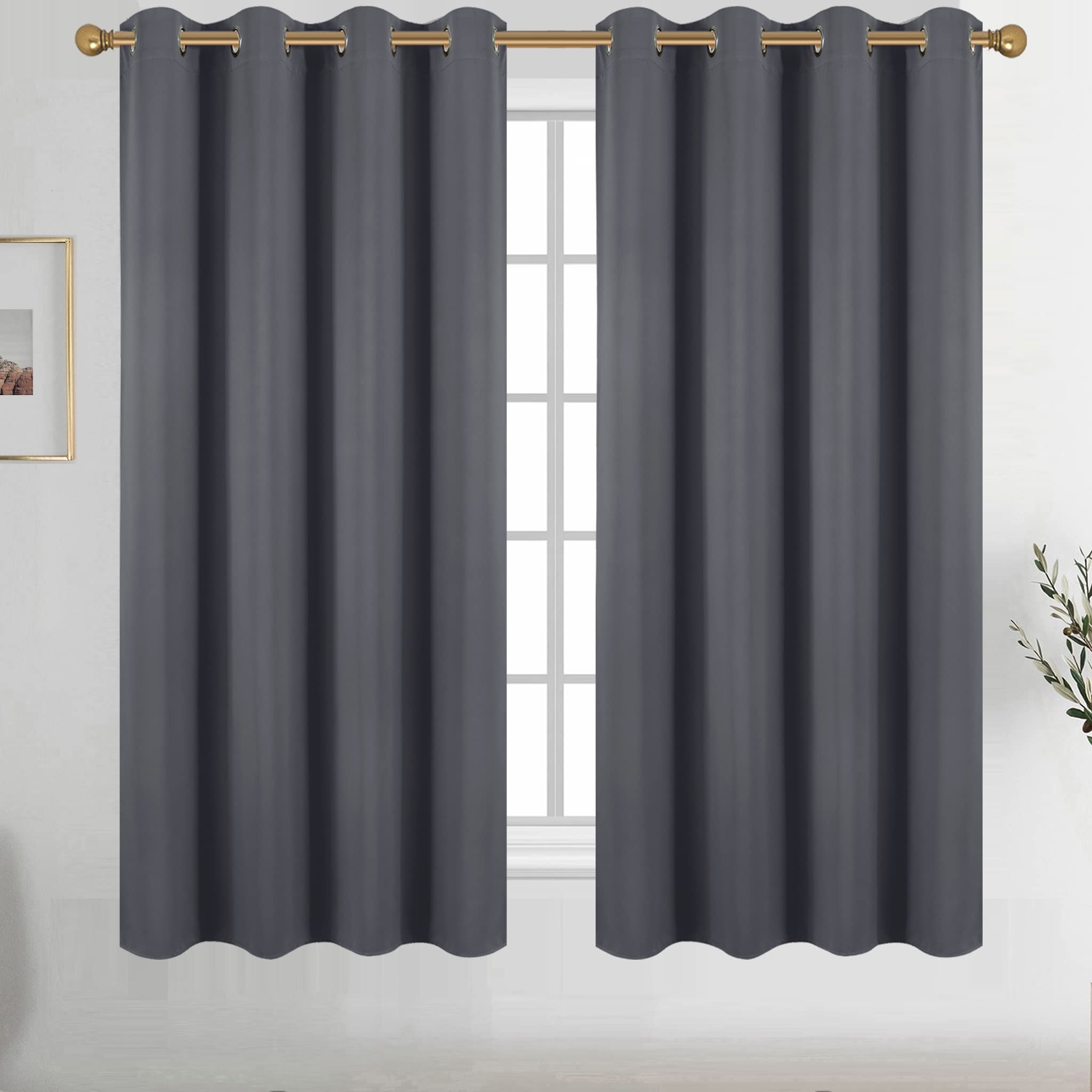 Diraysid Dark Grey Grommet Blackout Curtains For Bedroom Thermal Insulated Room Darkening Curtains Drapes, 52 X 63 Inch, 2 Panel