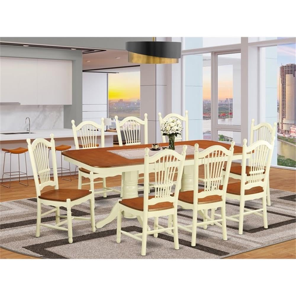 East West Furniture NADO9-WHI-W 9 Piece Dining Table Set Includes a Rectangle Wooden Table with Butterfly Leaf and 8 Dining Room Chairs, 40x78 Inch, Buttermilk & Cherry