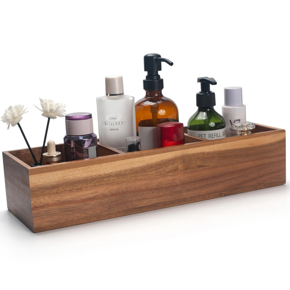Wood Bathroom Basket, Acacia Wood Toilet Tank Basket, Wooden Storage Box with 3 Compartments for Bathroom Organizer (16.5 x 5.5 