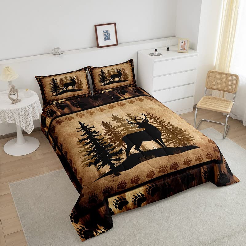 Feelyou Cute Deer Comforter Set For Girls Boys Kids Deer Hunting Bedding Set Room Decorative Rustic Bear Paw Print Bedding Set C