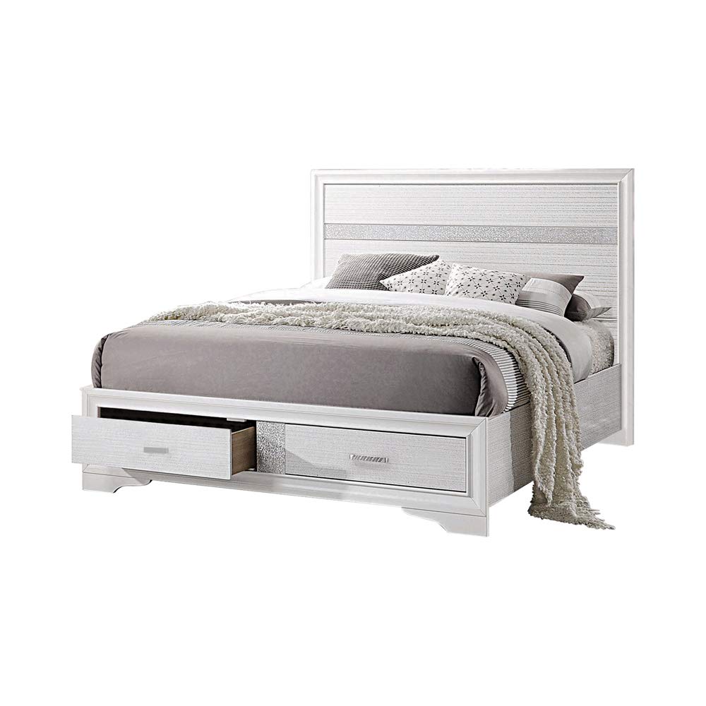 Benjara Contemporary Queen Bed With Drawers And Glittering Stripes, White