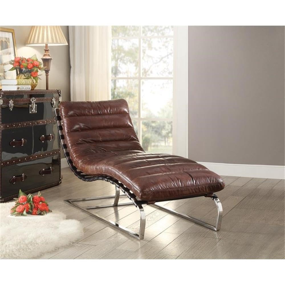 Acme Qortini Chaise in Vintage Dark Brown Top Grain Leather and Stainless Steel