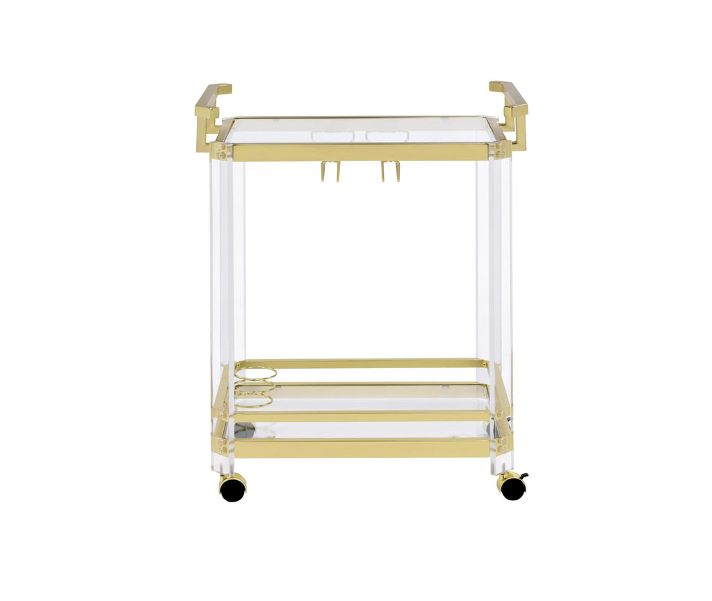 Steve Silver Furniture Aerin Server Cart, Acrylic and Tempered Glass, Gold Chrome Finish, w/Bottle and Stemware Storage, 3-Wine Bottle Storage, Dining Room, 17" D x 28" W x 35" H, Gold/Chrome