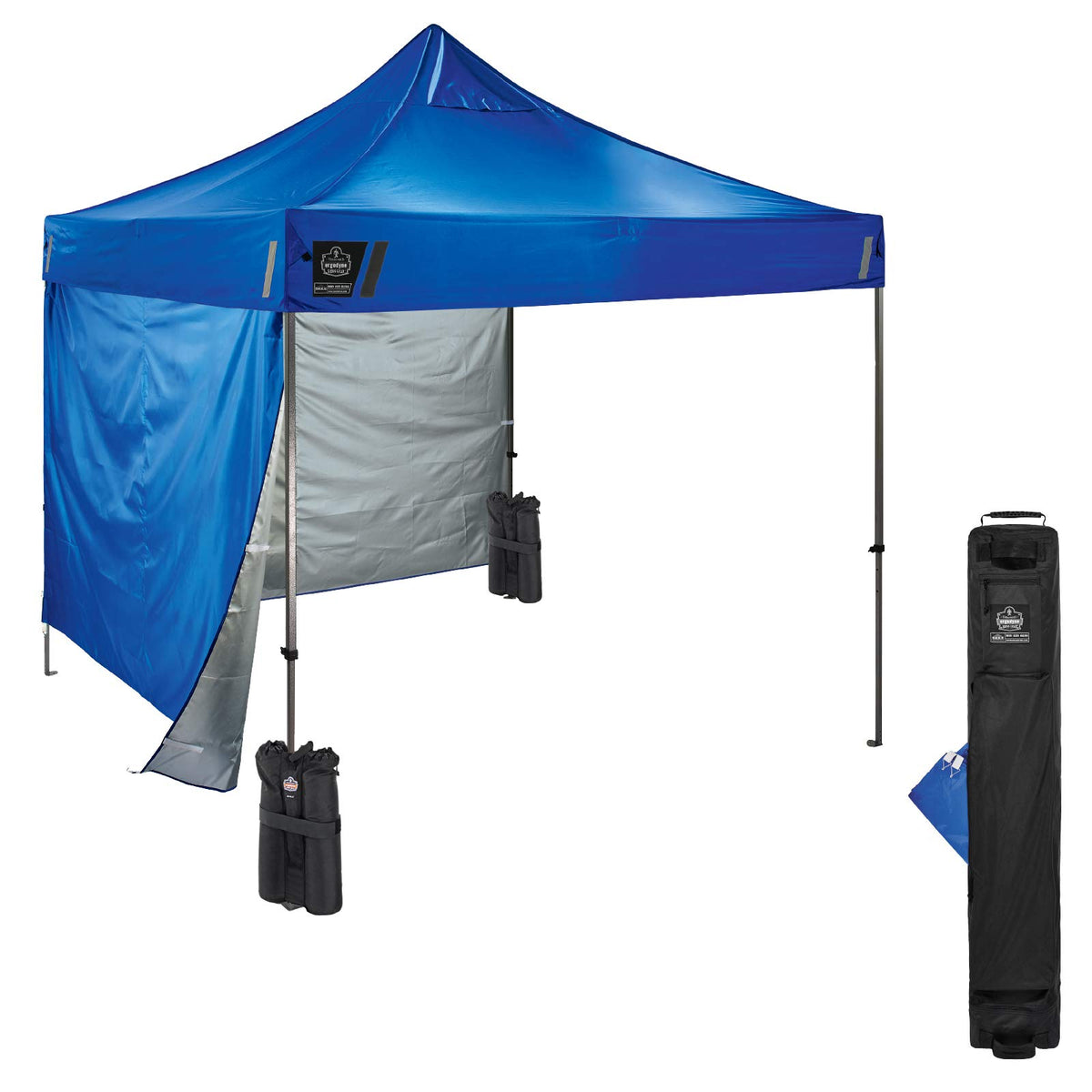 Pop Up Canopy Kit- Includes Tent, 2 Weight Bags & 2 Side Panels, 10' x 10' Shaded Area, Peak Height 14', Ergodyne Shax 6051,Blue