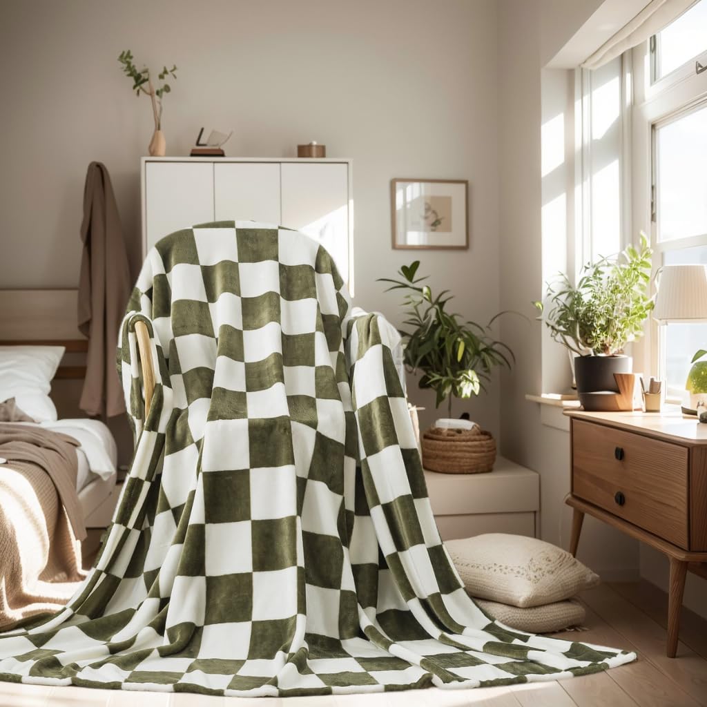 Checkered Throw Blanket, 50X60 Inches Travel Size Sage Green Microfiber Soft Cozy Fluffy Warm Hand Made Throw Blankets For Couch