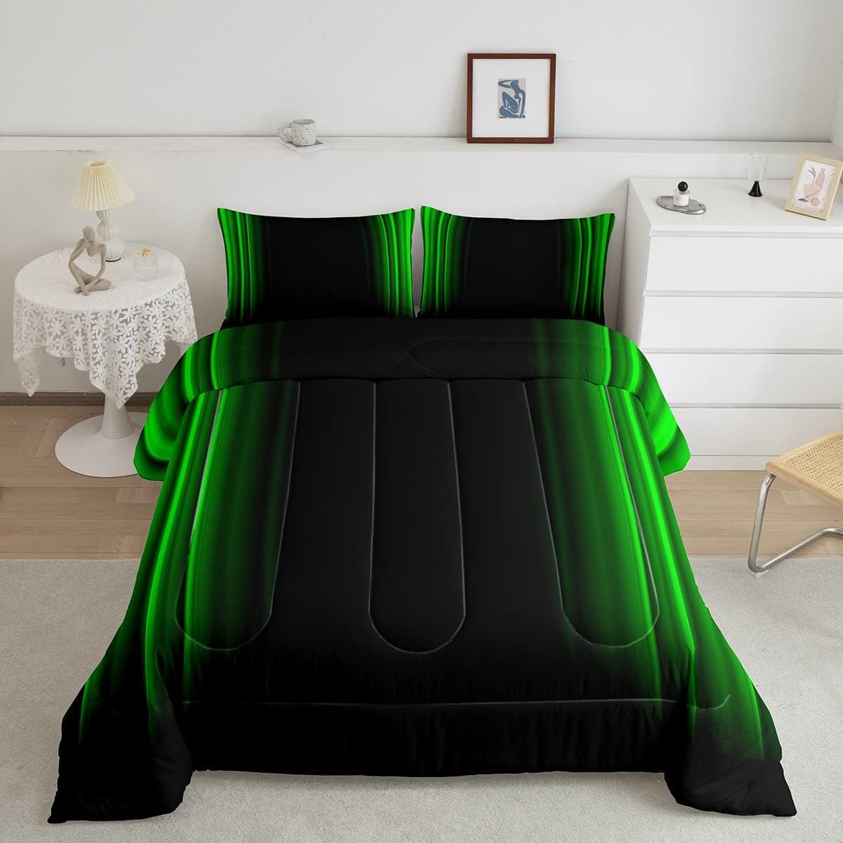 Feelyou Geometric Abstract Ombre Bedding Bed Set Men Adults Teens Green And Black Striped Comforter Set Kids Boys Girls Simple M
