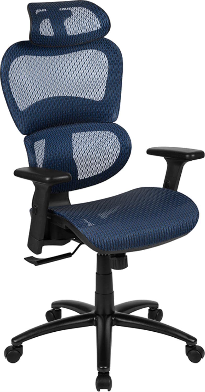 Flash Furniture Lo Ergonomic Mesh Office Chair With 2-To-1 Synchro-Tilt, Adjustable Headrest, Lumbar Support, And Adjustable Pivot Arms In Blue