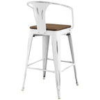Modway Promenade Industrial Modern Steel Bistro Bar Stool with Arms and Bamboo Seat, White