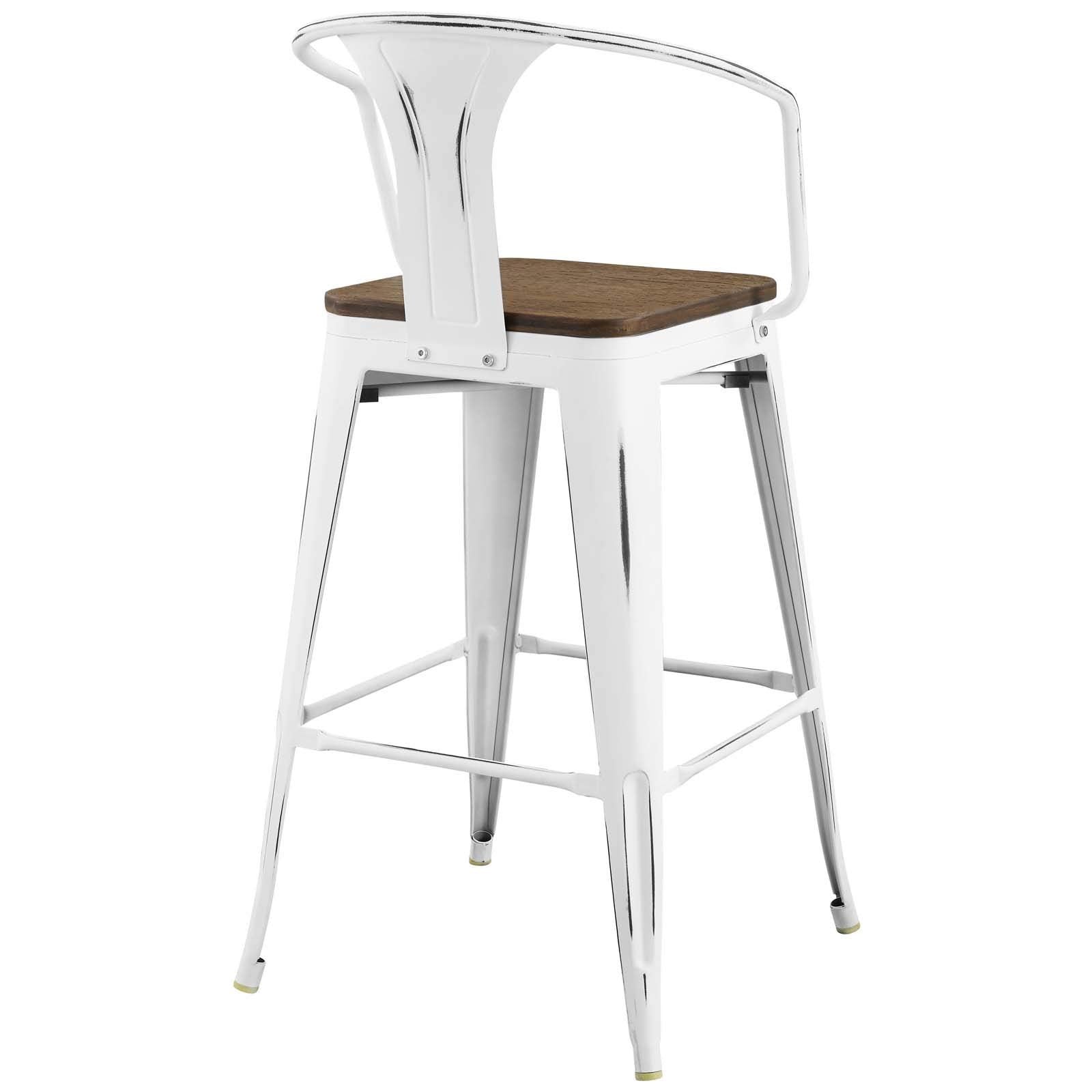 Modway Promenade Industrial Modern Steel Bistro Bar Stool with Arms and Bamboo Seat, White