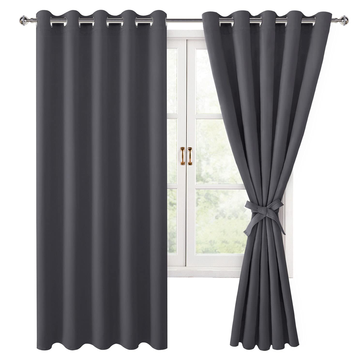Hiasan Grommet Blackout Curtains For Bedroom, 60 X 72 Inches - Thermal Insulated & Light Blocking Window Drapes For Living Room/Dorm Room, Set Of 2 Panels Sewn With Tiebacks, Dark Grey