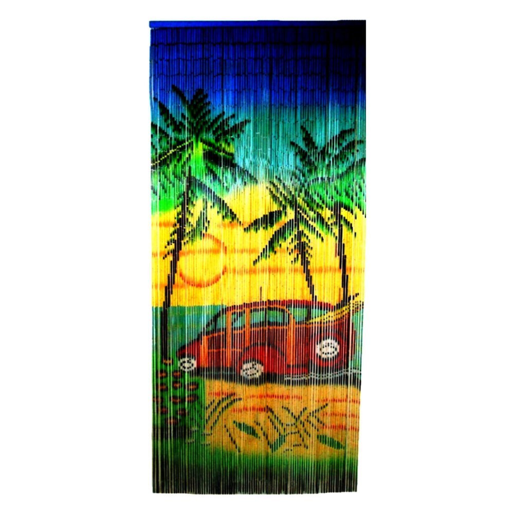 Bamboo Beach Scene Curtain With Woody Car And Surfboard