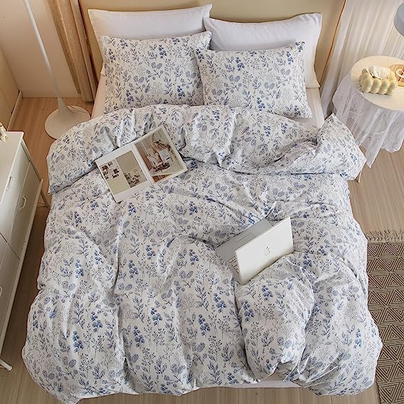 Lifetb Boho Floral Duvet Cover Twin Soft Cotton Blue Floral Bedding Sets Vintage Style Chic Flower Botanical Duvet Cover Aesthet