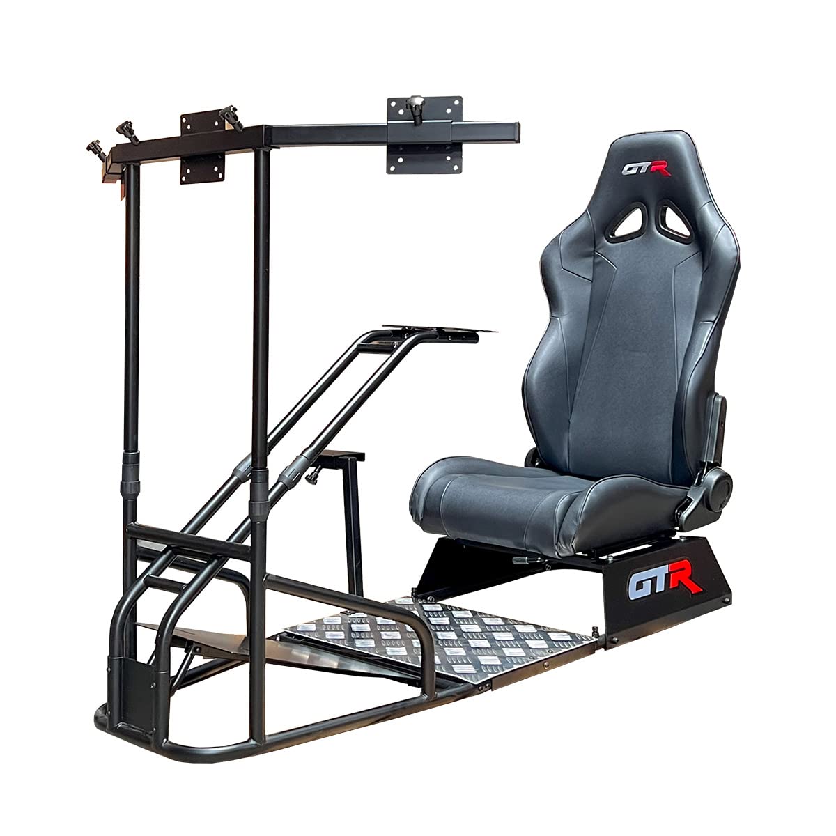 Gtr Simulator Gts-F Model Majestic Black Frame Triple | Single Monitor Stand With Black Adjustable Leatherette Seat Racing Driving Gaming Simulator Cockpit Chair