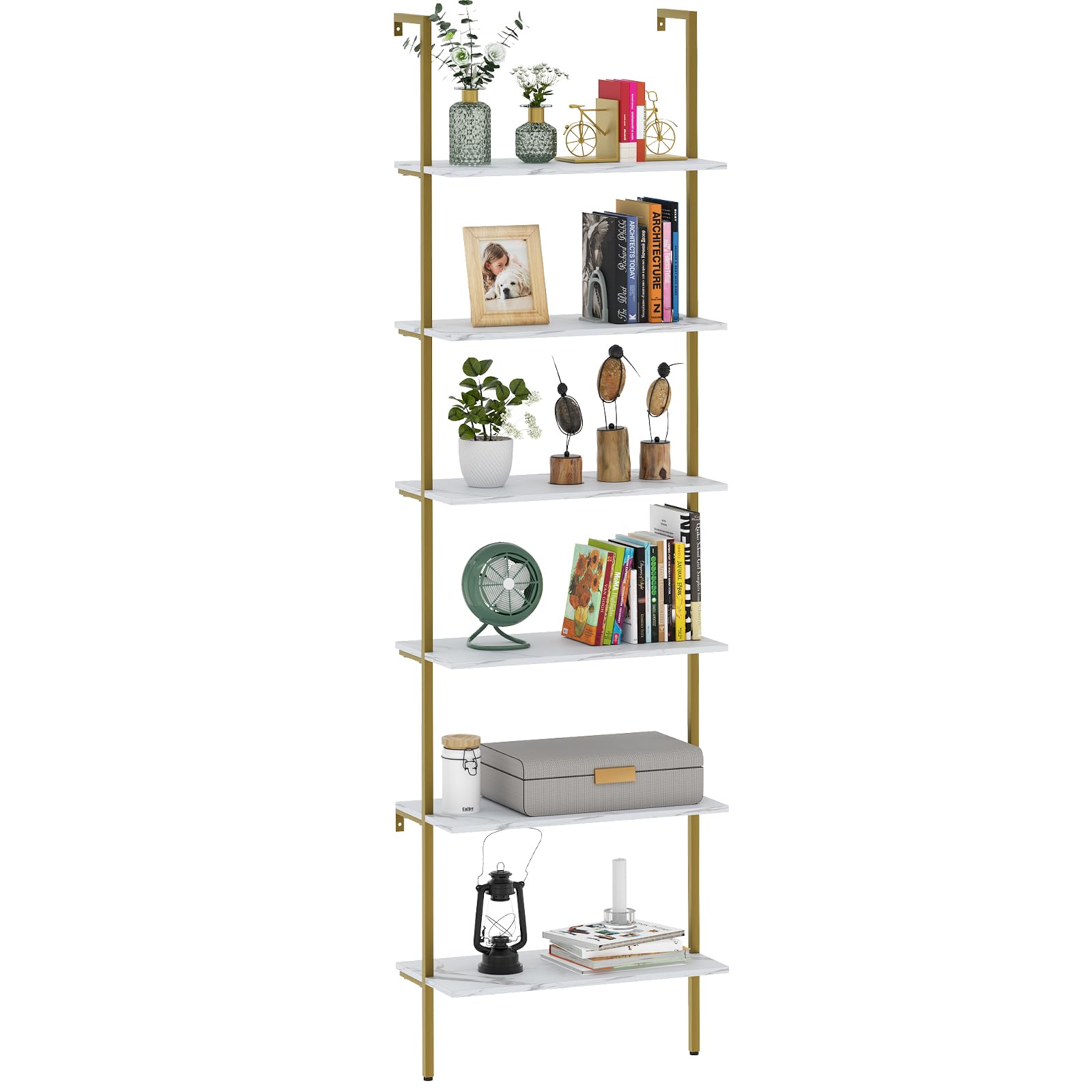 Wolawu Ladder Shelf 6 Tiers Marble White Modern Bookshelf Open Tall Wall Mount Bookcase Standing Leaning Wall Shelves Industrial Decorative Living Room Bed Room