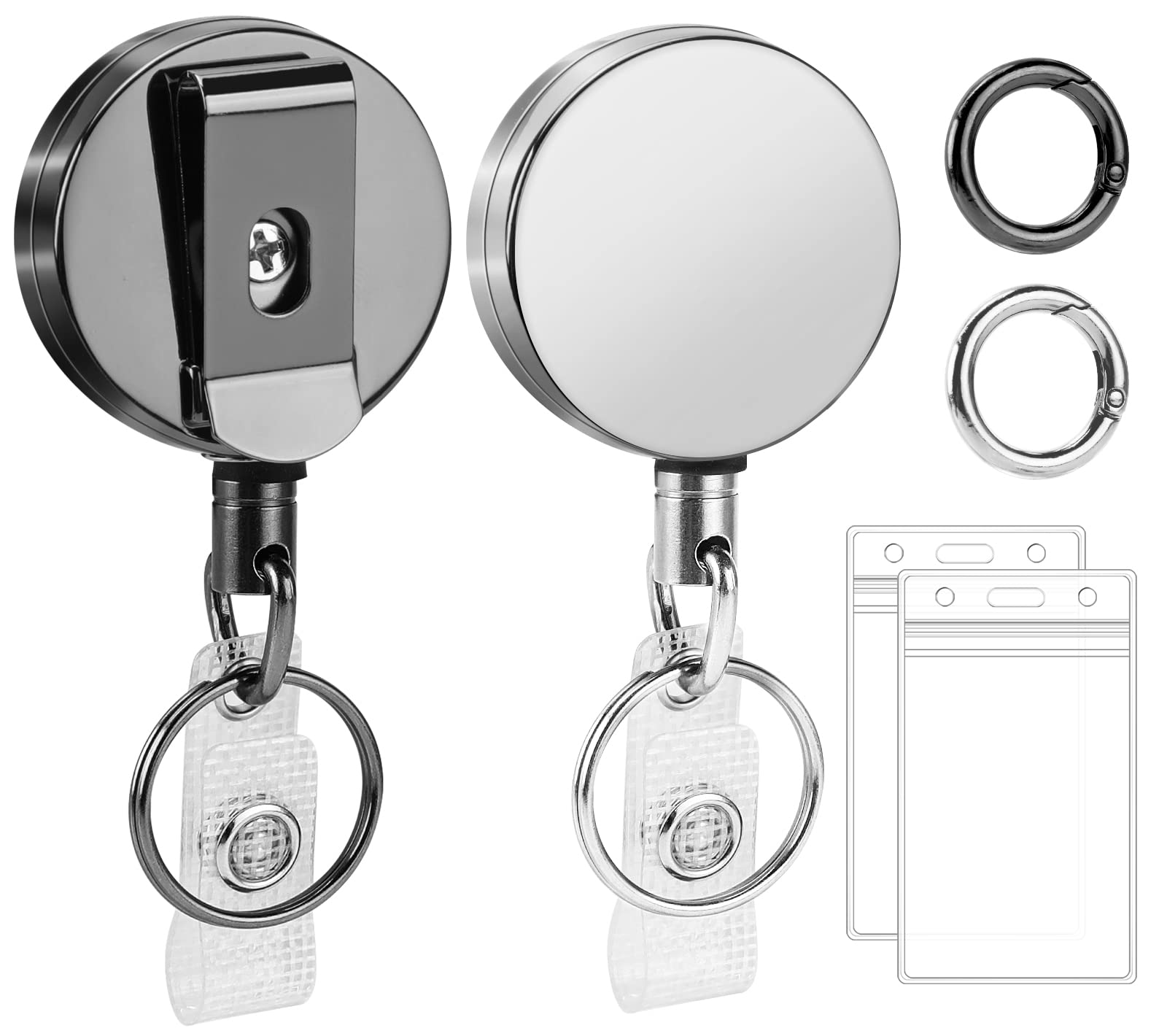 2 Pack Heavy Duty Retractable Badge Reels Metal Retractable Badge Holder With Carabiner, Keychain, Belt Clip And Vertical Id Car