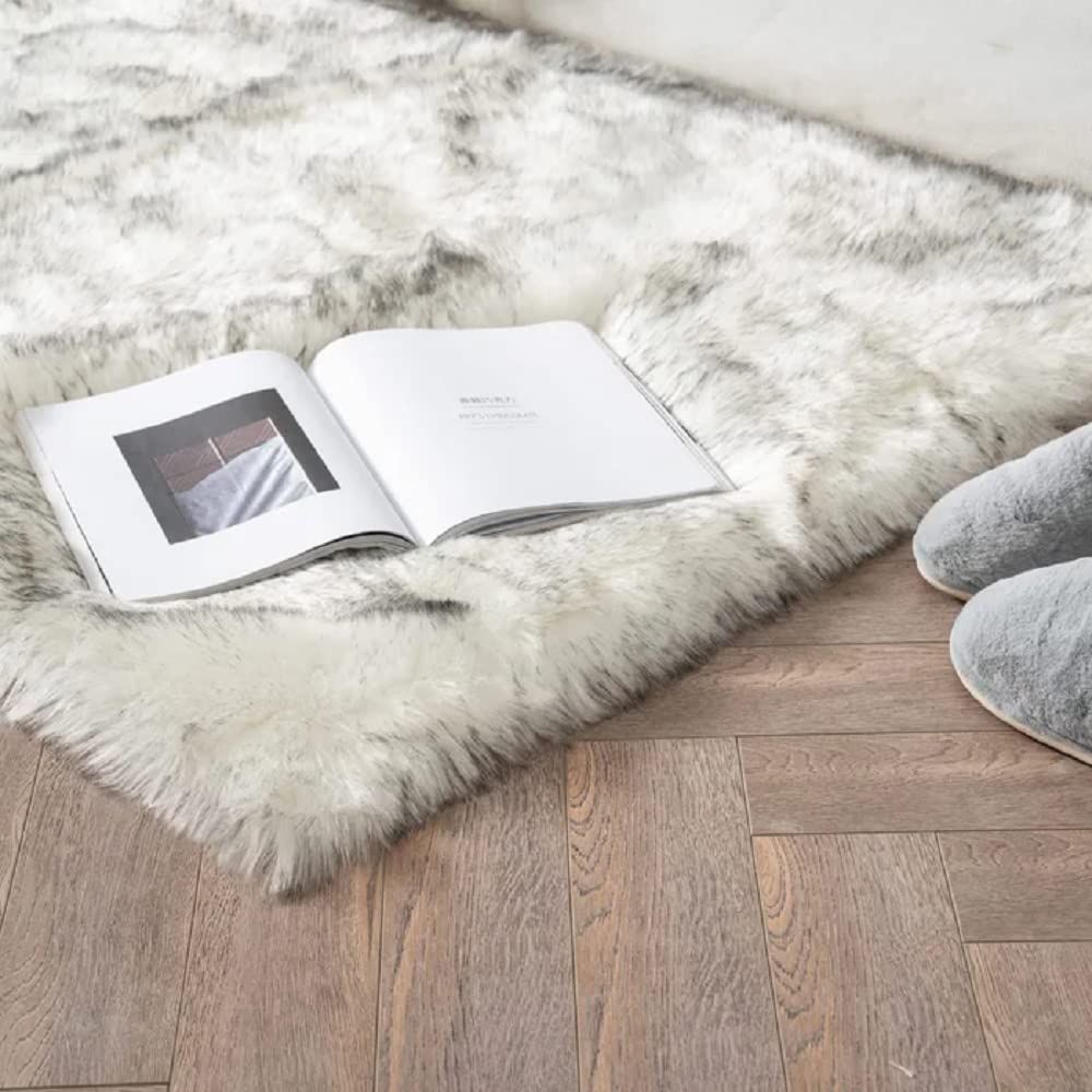 Orinova White And Grey Faux Shaggy Fur Rug For Living Room Plush Washable Sheepskin Fur Area Rugs 3X5 Nursery Rug
